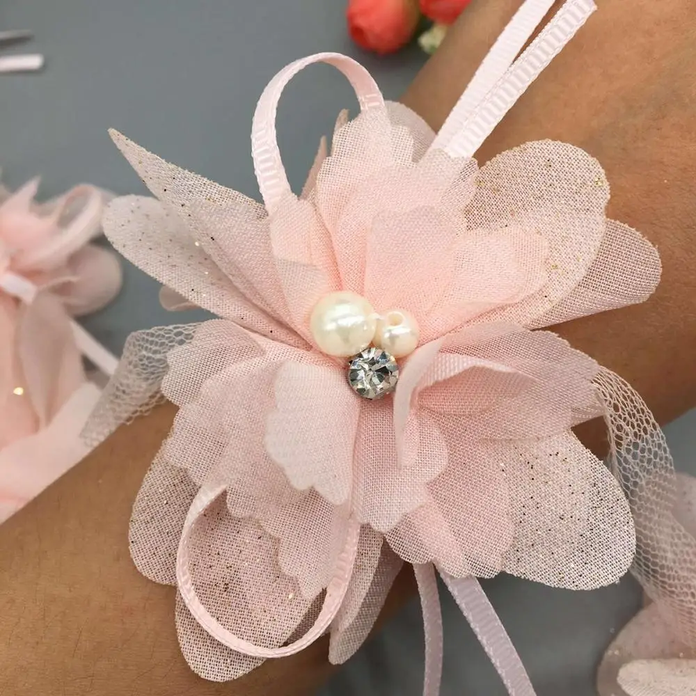 Pink 1 ярд шифон 3D Цветы Жемчуг кружево отделка ручной работы отделка стразами свадебное запястье цветочное платье одежда аппликация швейные изделия - Цвет: Pink