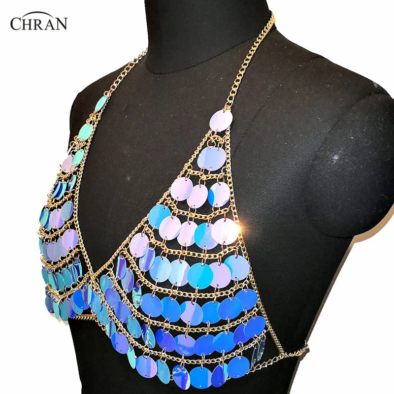 Chran Seascale Mesh Bra Bralet Womens Sequins Metal Chain Crop Tops 2018 Summer Harness Halter Necklace Nightclub Party Jewelry | Украшения