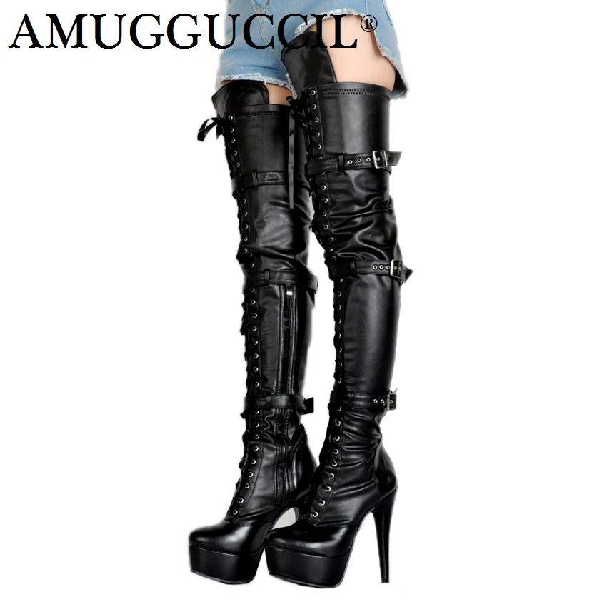 

Plus Big Size 34-52 Black White Red Zip Buckle Sexy Thigh High Heel Platform Over The Knee Ladies Women Autumn Winter Boot X1713
