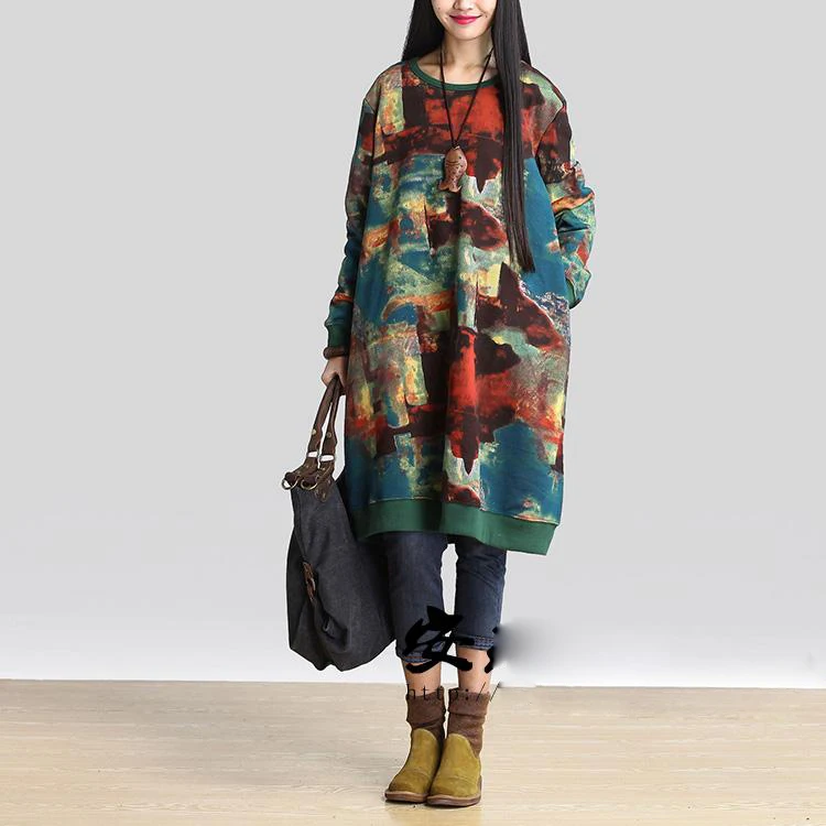 Women Dress Vintage 2018 Spring New Plus Size Clothes Loose Korean Fashion Cotton Robe Print Floral Warm |