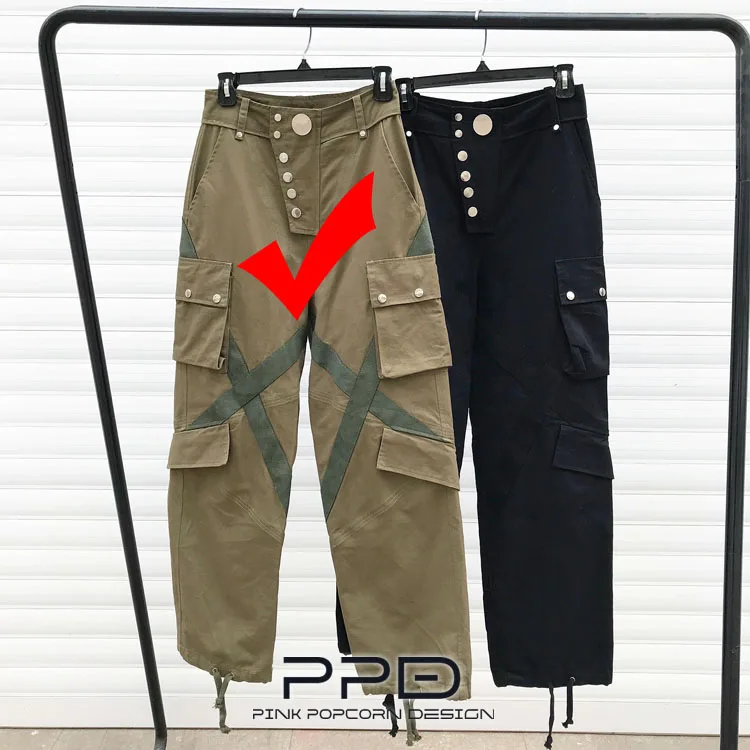 Color-1 Вымытые ленты сплайсинга карман военные брюки Drawstring талия повседневные брюки - Цвет: Color-1