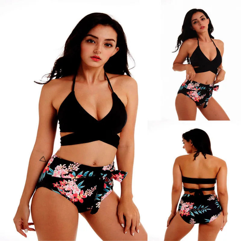 Сексуальный женский комплект с бикини на бретелях бантиком бандаж полый