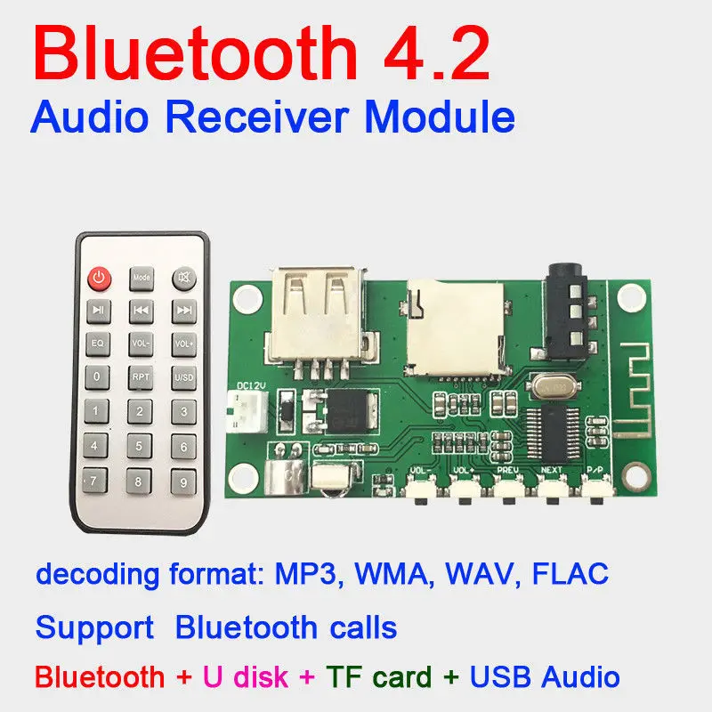 

Беспроводной Bluetooth 4,2 аудио стерео приемник модуль MP3, WMA, FLAC USB TF плеер + пульт дистанционного управления F/ 5 В 12 в автомобильный усилитель дина...