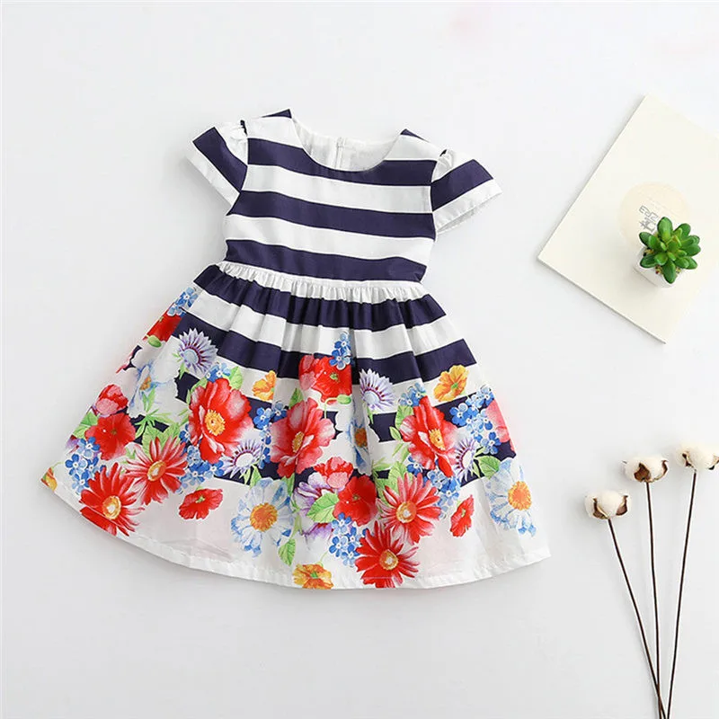 Hot Selling Fashion Lovely Girl Summer Dresses Toddler Kids Short Sleeve Flowers Striped Princess Dress Casual Clothes Outfits | Детская