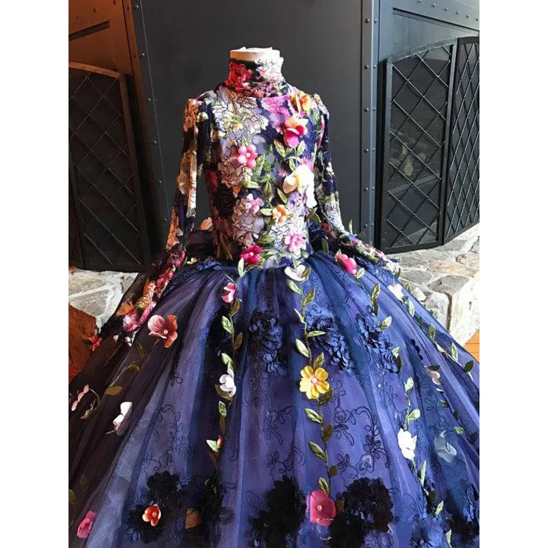 Темно синие платья с цветами для девочек на свадьбу платье длинным рукавом