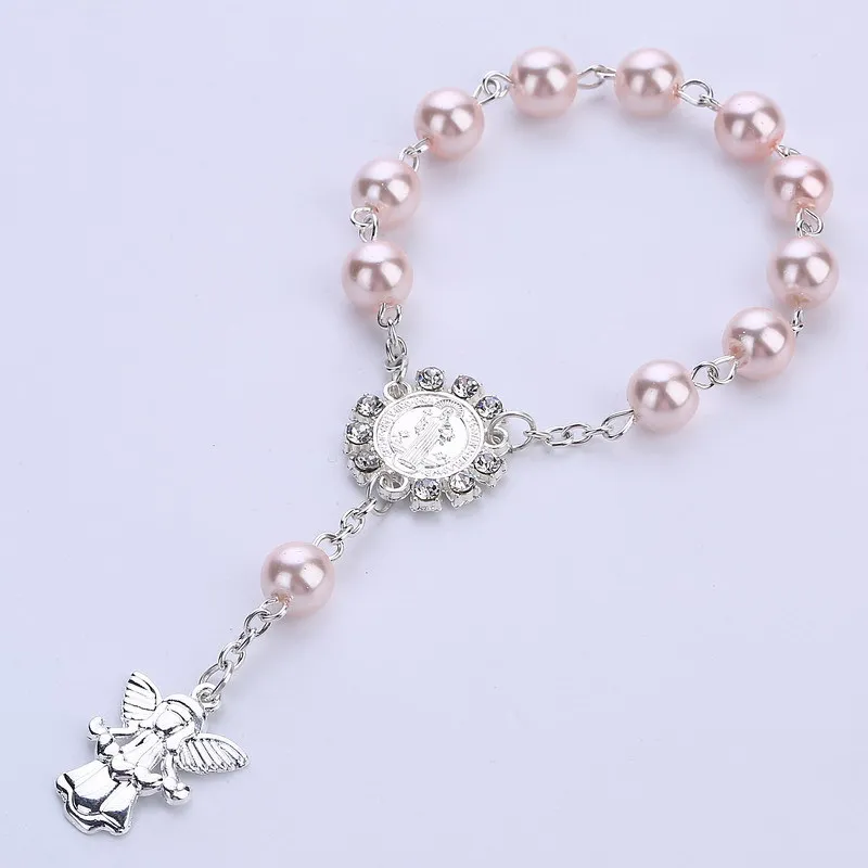 light pink 10 шт. подарок на вечеринку в честь рождения ребенка крестины браслет серебряный ангел, детский душ девочка мальчик подарок на крестины милый сувенир для подарка свадьбы - Цвет: light pink