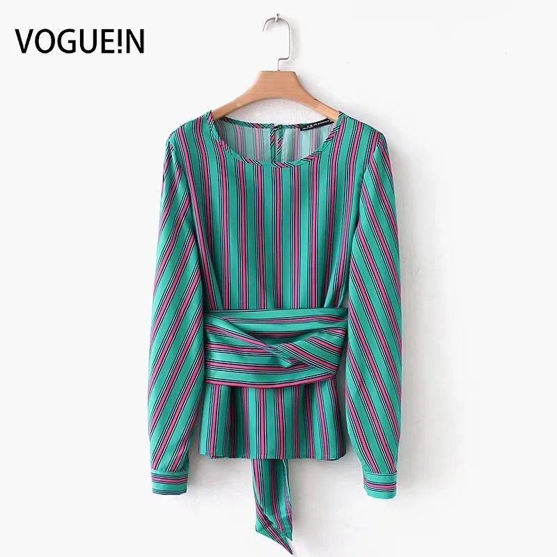 VOGUEIN Новая женская английская блузка с длинным рукавом и принтом в полоску топ
