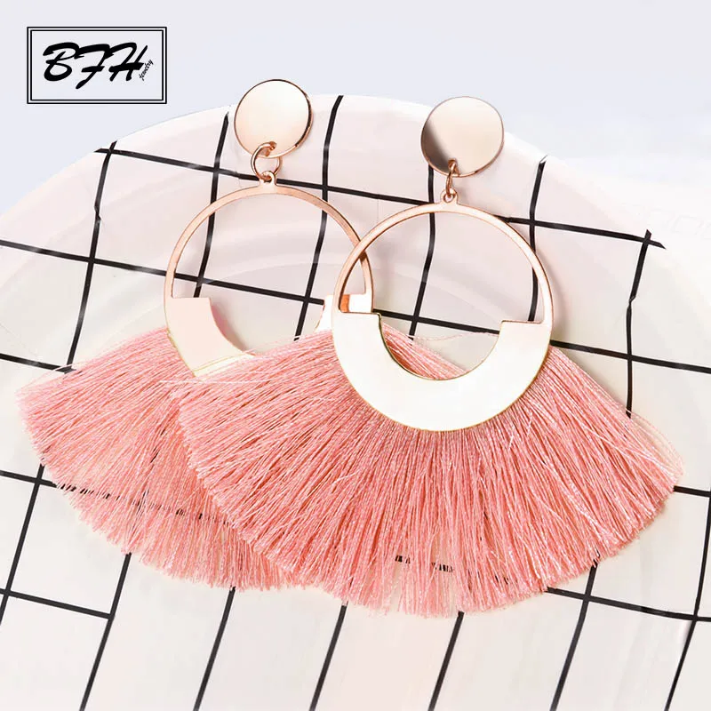 Light pink BFH, богемные серьги-капли с большой кисточкой для женщин, женские серьги с бахромой ручной работы, модные женские серьги, ювелирные изделия - Окраска металла: Light pink