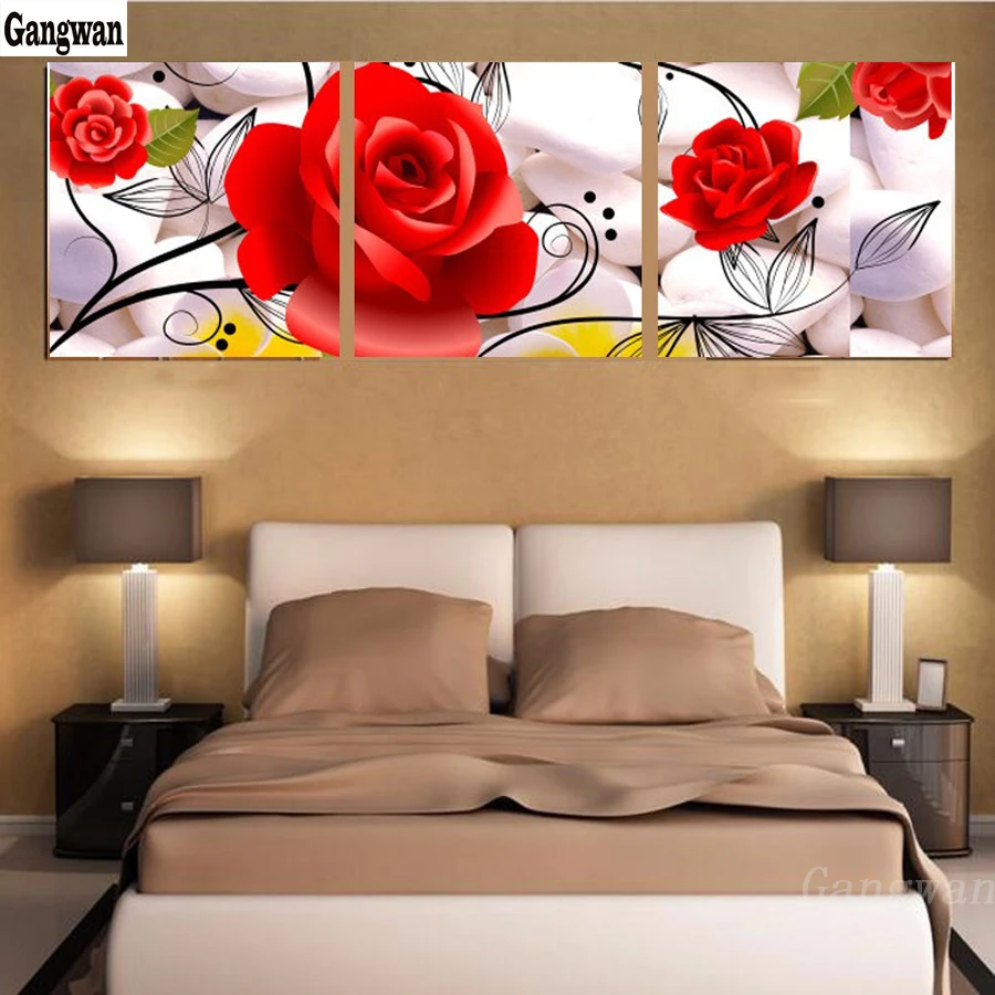 

room decoration diy Diamond painting Cross stitch 5D Diamond embroidery triptych Stone Red Flowers full square round diamond