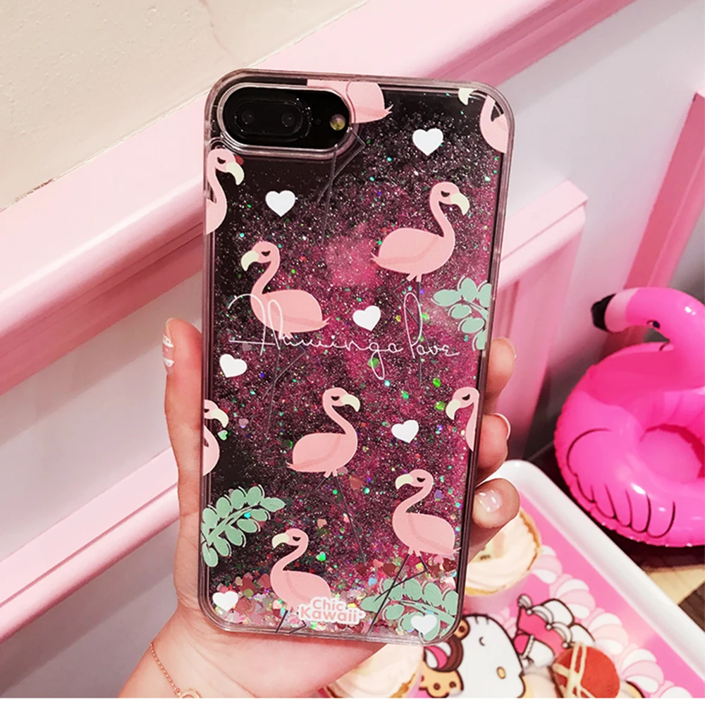 Glitter Dynamic liquid Flamingo Phone Cases For iPhone 6 6s 7 8 Plus Case Silicone Cover X Girly Coque Capa |