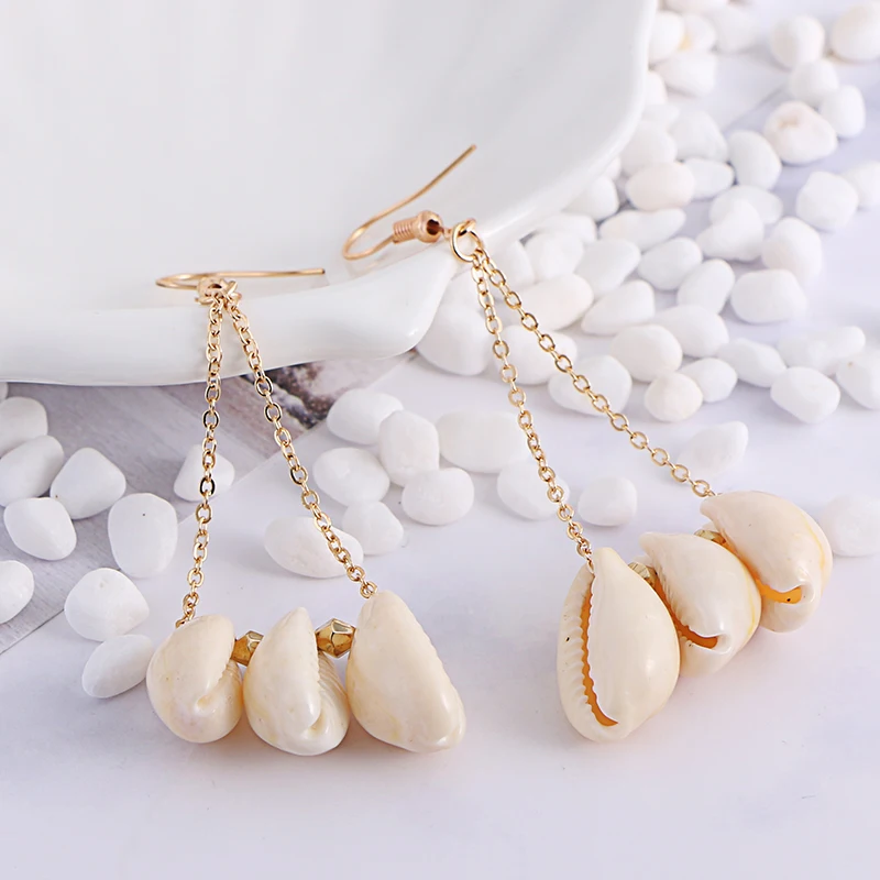 KOMi Bohemian Natural Cowrie Shell Pendant Tassel Drop Statement Earrings Sea Beach Jewelry for Women Gift Brincos