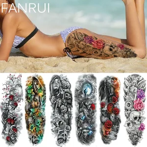 Сексуальные черные Временные татуировки на пляж, Череп, цветок, ангел, часы, женские татуировки, наклейки, полная фотография, мужские светящиеся татуировки на плечо