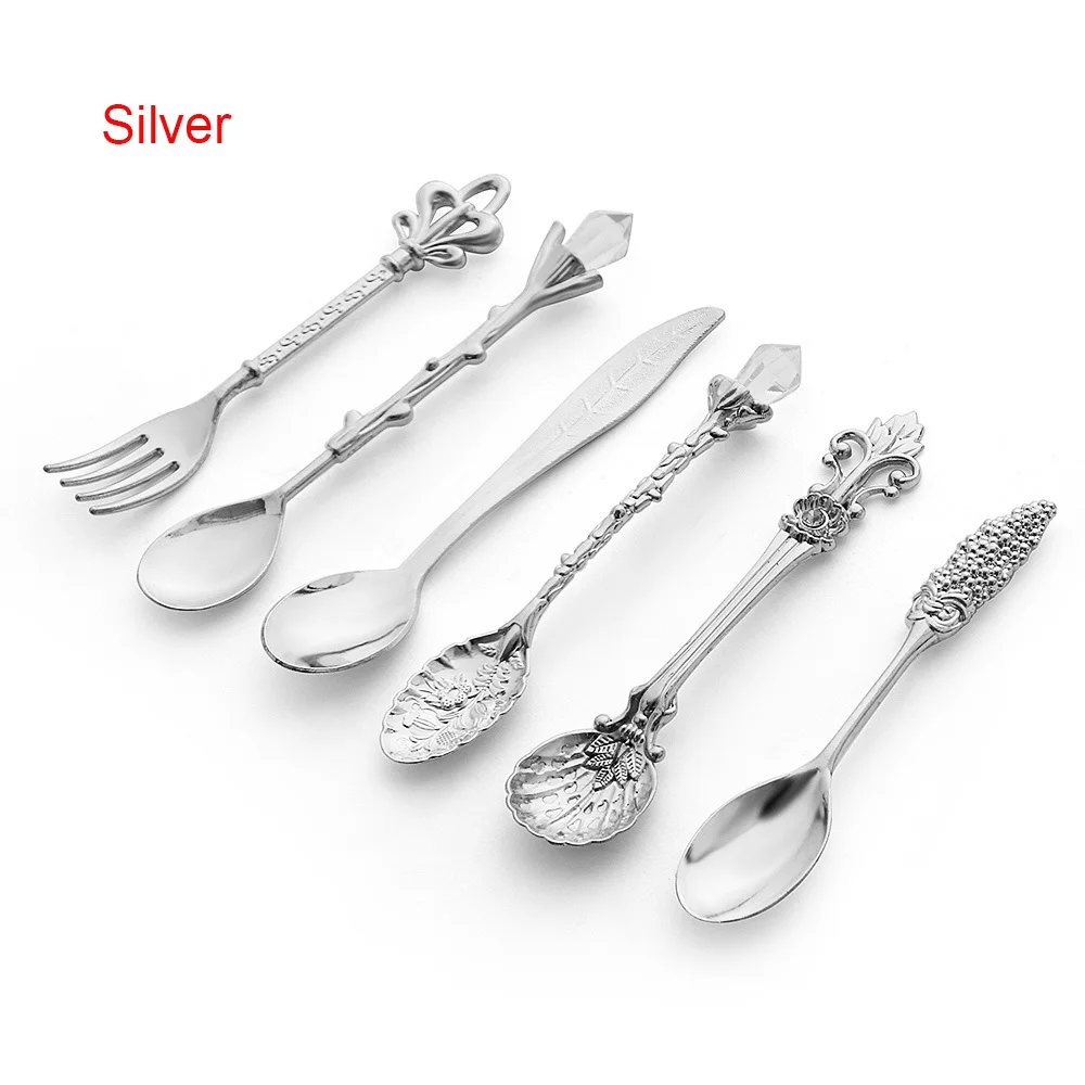Silver 6 шт., винтажные ложки, вилка, мини, Королевский стиль, металлические, золотые, резные, кофейные, фруктовые закуски, призеры, десертная вилка, кухонный инструмент, чайная ложка, 1 набор - Цвет: Silver