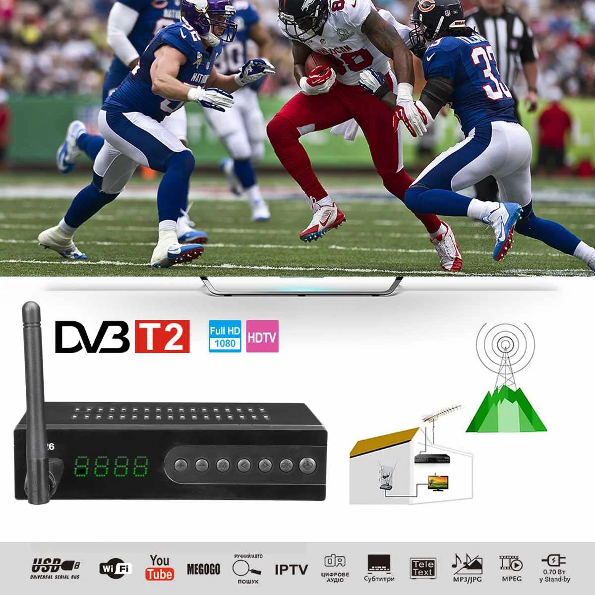 LEORY HDMI Satellite Tv Receiver Tuner Dvb T2 Wifi Full-HD 1080P Dvb-t2 Tuner TV Box Dvbt2 With Antenna