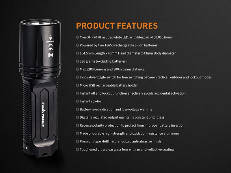 Red Dot Award Winner Fenix TK35UE Cree XHP70 светодиодный 3200 люмен перезаряжаемый супер яркий многофункциональный фонарик