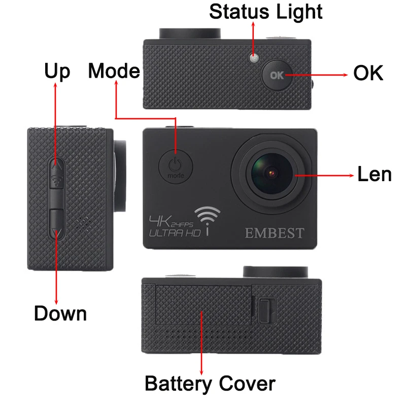 EMBEST 4K Wifi Экшн камера с гироскопом ночного видения Ultra HD 4 K/24fps 1080p @ 60fps 2 0 дюймов 170D