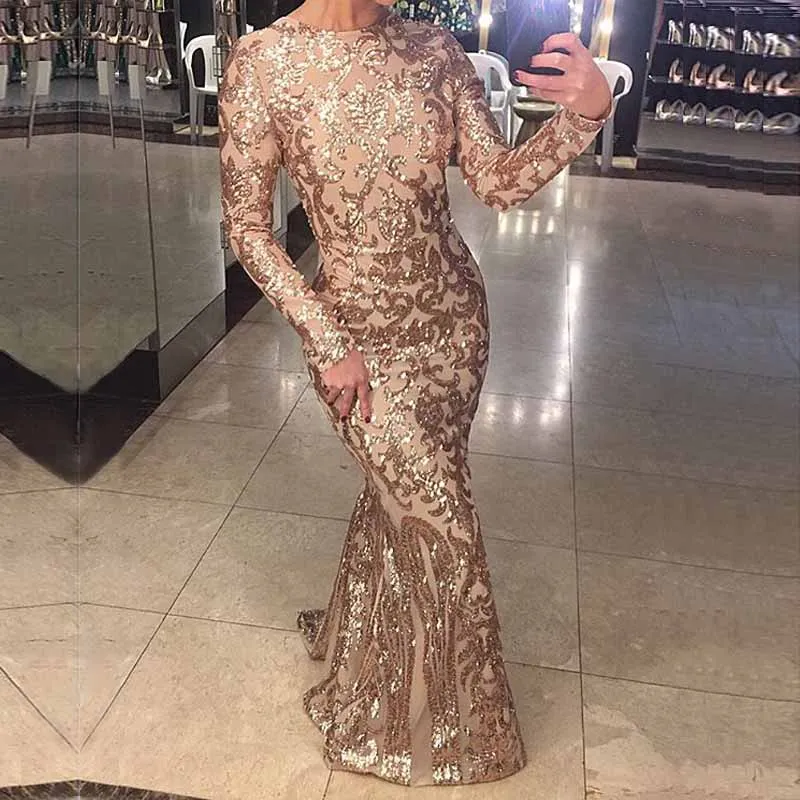 

O Neck Sequined Formal Evening Dress Elastic Full Sleeved Robe Evening Gown