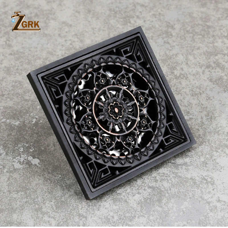 ZGRK Square 10*10 Floor Drain Black Brass Shower Drain Strainer Floor Cover Balcony Bathroom Accessories Grate Waste images - 6