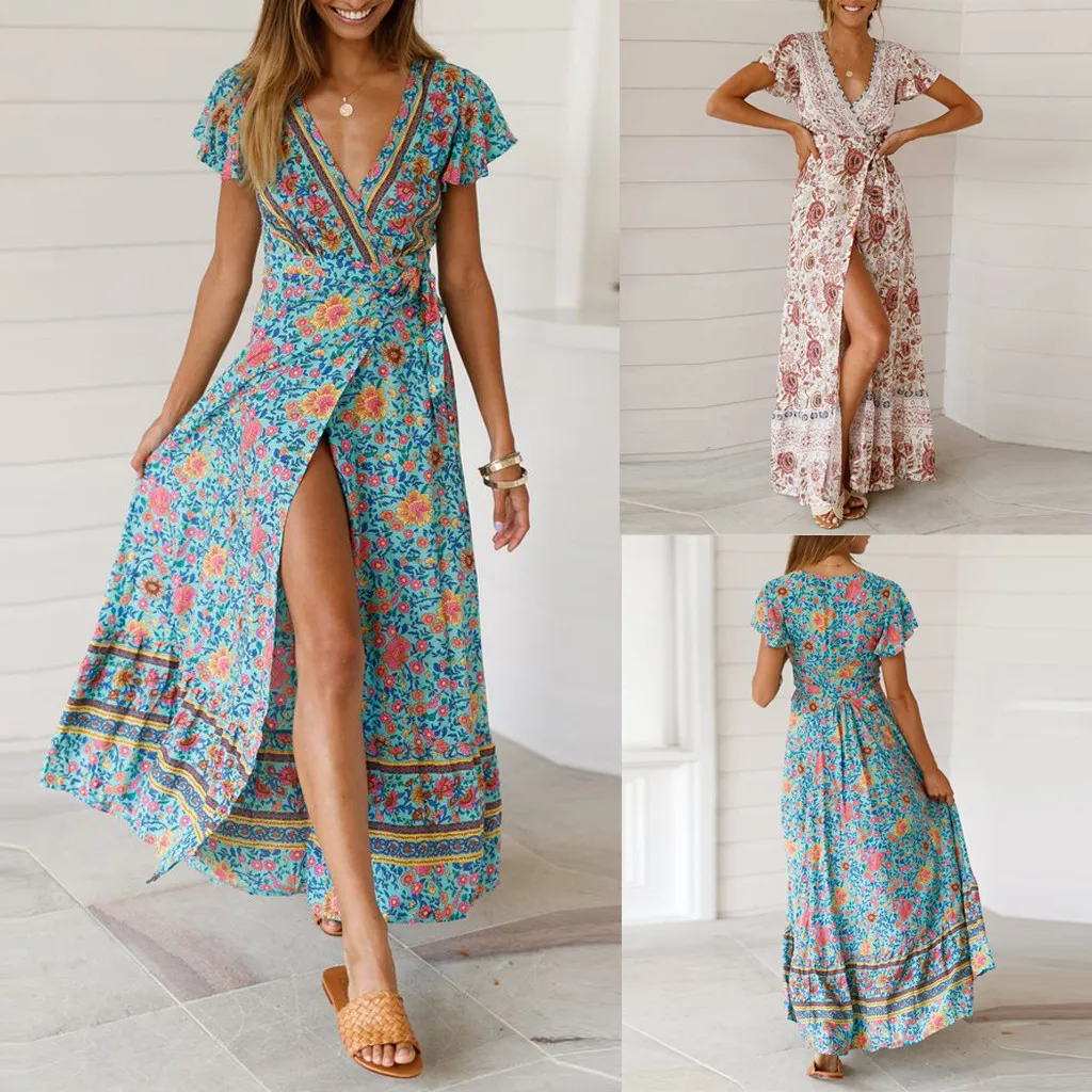Женское платье с цветочным принтом Boho длинное пляжное вечернее макси в