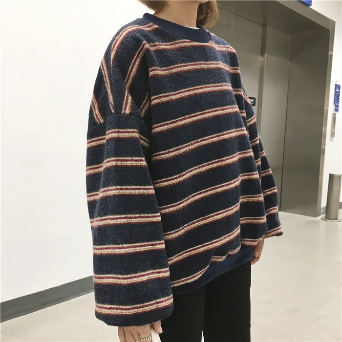 Южная Корея ulzzang Harajuku ветер свободные bf хит цвет в полоску утолщенной шерстяной