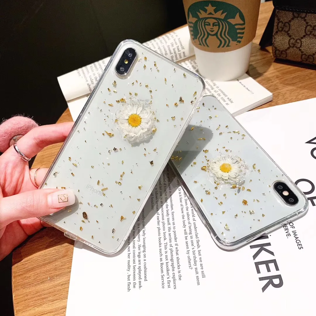 Glitter 3D Daisy Dried Real Flowers Clear Phone Case For iPhone XS Max XR 6 6S 7 8 Plus X Transparent Soft Silicone Cover |