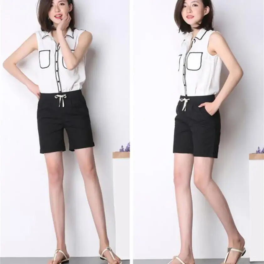 Женские свободные однотонные шорты со шнурком повседневные средней длины