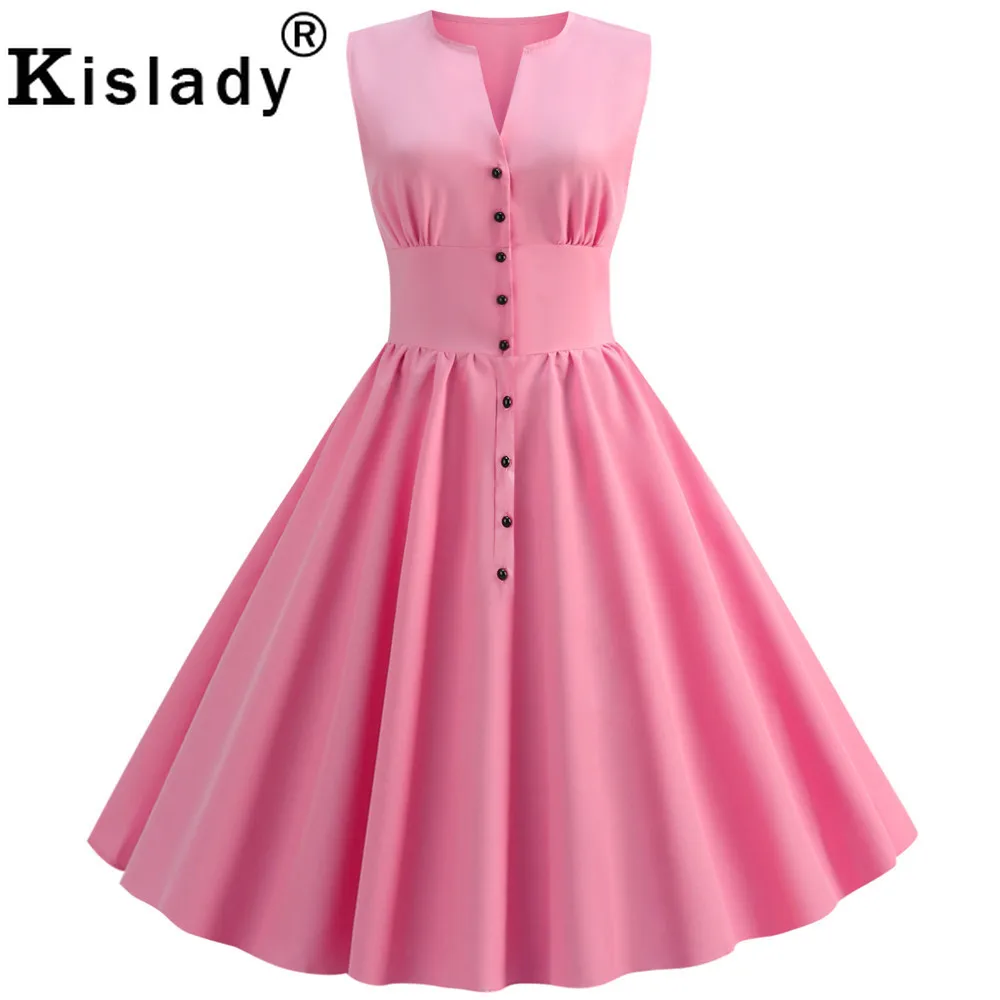 Summer Women's Button Vintage Dress 50s Sweet Casual Sleeveless Swing Retro Rockabilly Slim Party Yellow Robe Femme | Женская одежда