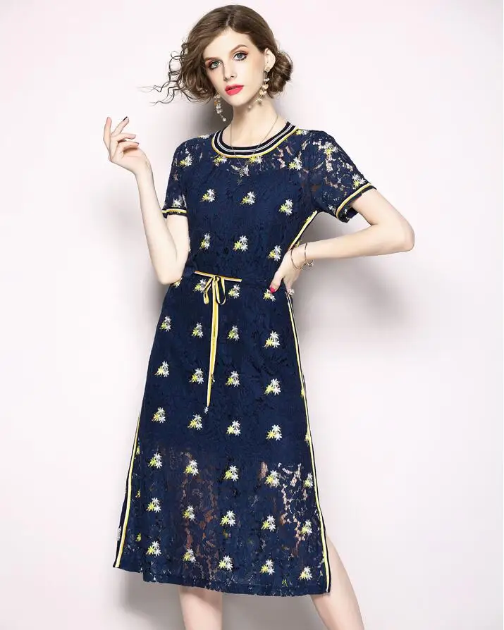 

Women's summer short sleeve hollow out lace dress lady's round neck vintage embroidery dress TB939