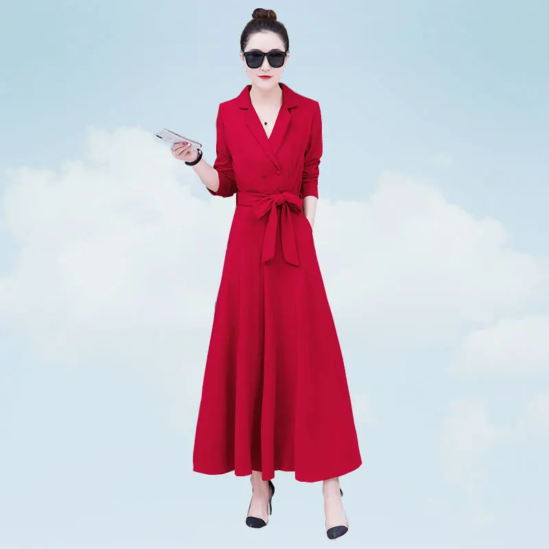 Весенне осеннее женское платье 2019 с v образным вырезом длинное секцией модное