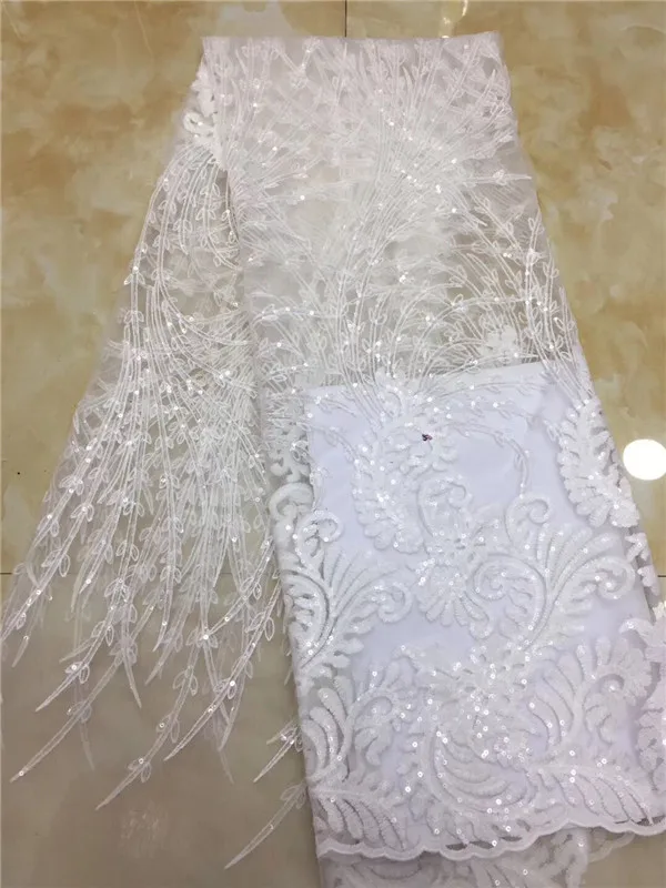 

2019 high quality French Nigerian sequins net lace,African tulle mesh sequence lace fabric for party dress 5yards/lot white