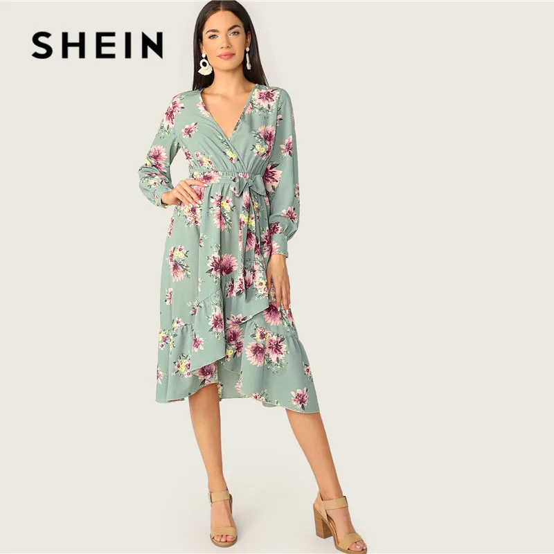 SHEIN Асимметричное Платье С Глубоким Вырезом И Длинным Рукавом Летнее Винтажное Платье С Цветочным Принтом
