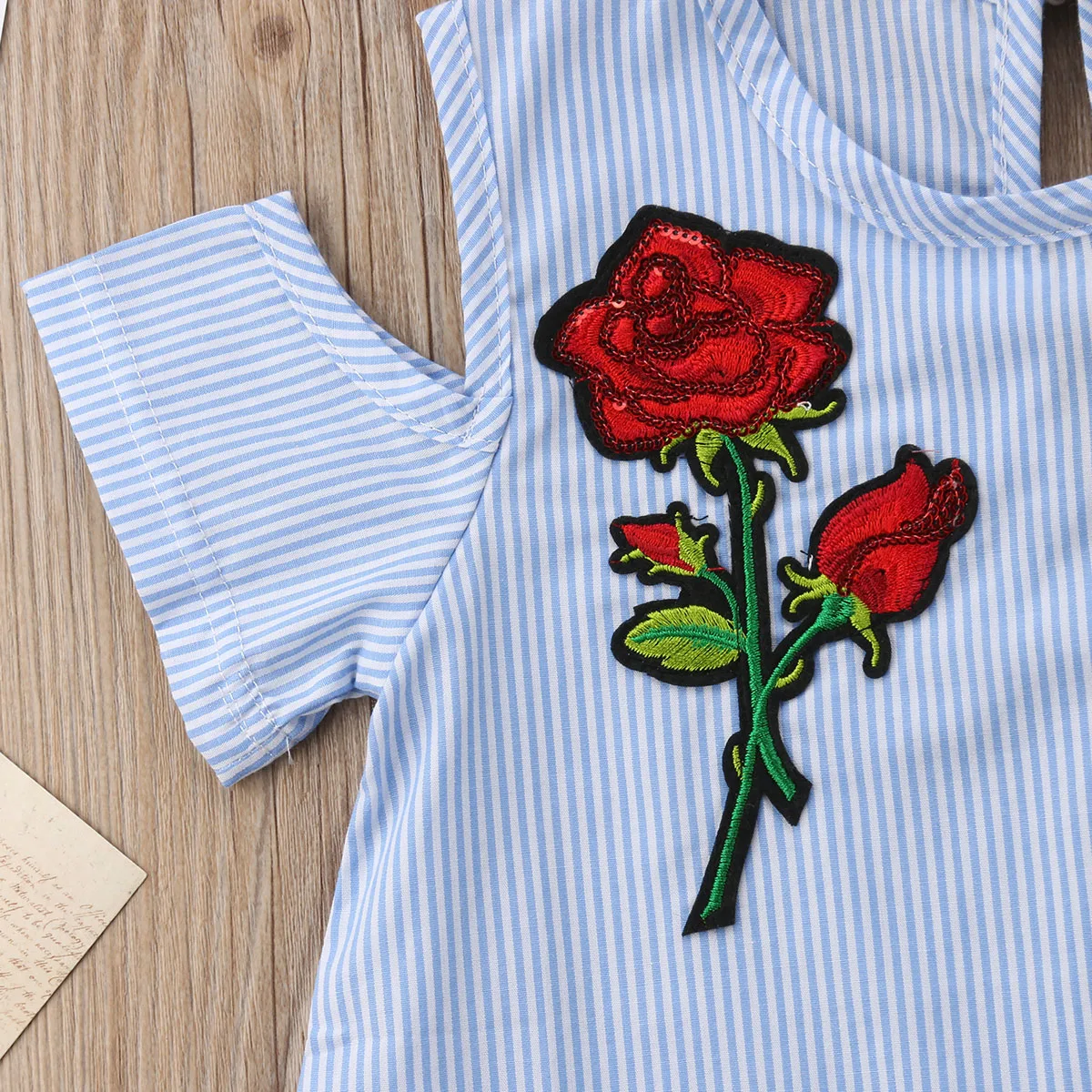 Child Kids Baby Girls Dress Off Shoulder Shortsleeve Striped Dresses Toddler Rose Embroidery Sundress Girl 6M-5T | Детская одежда и