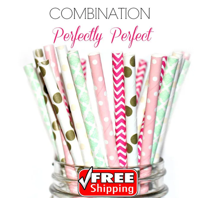 

200pcs Mixed 4 Designs PERFECTLY PERFECT Themed Paper Straws - Mint,Pink,Gold-Dot,Chevron,Damask,Baby Shower,Birthday Party