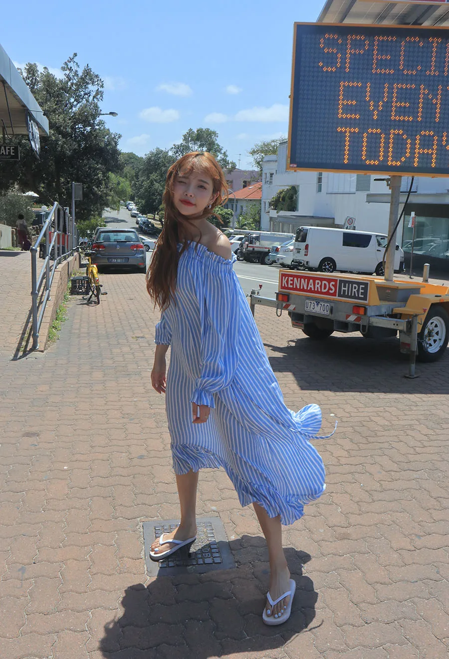 2019 Spring Summer Streetwear Off Shoulder Slash Neck Striped Drawstring Lantern Sleeve Mid-Calf Dress Fashion Women's Clothing | Женская