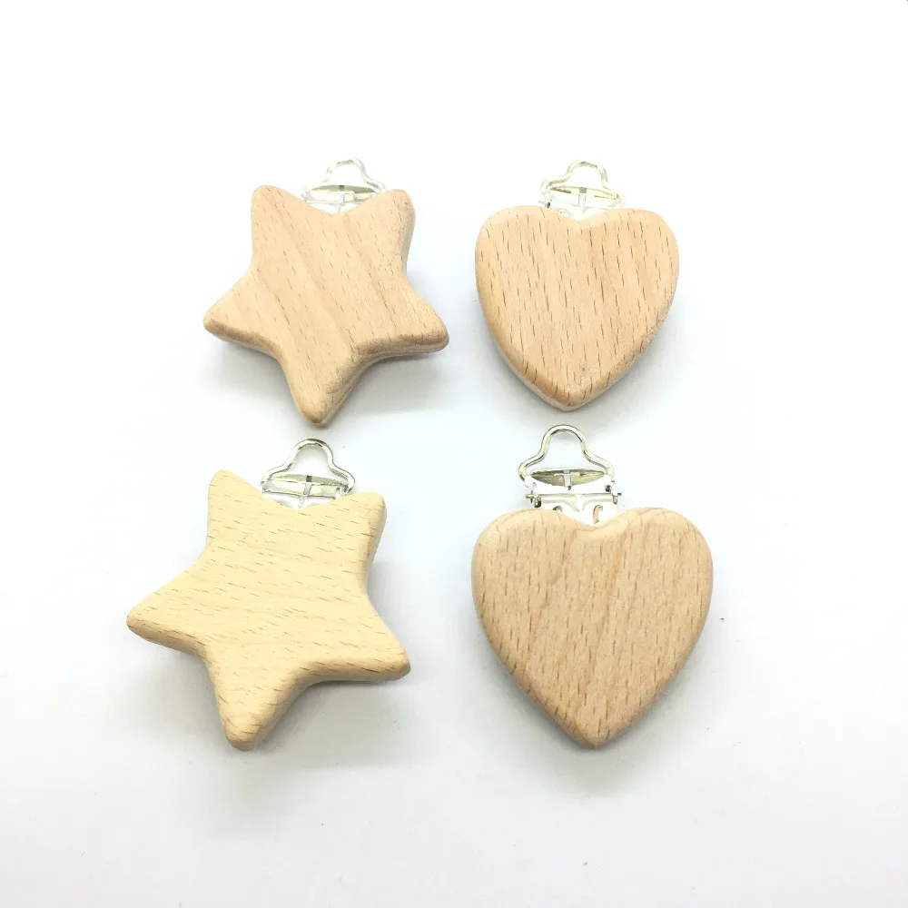 25pcs Solid Beech Wooden Heart and Star Shape Baby Pacifier Clips | Мать и ребенок