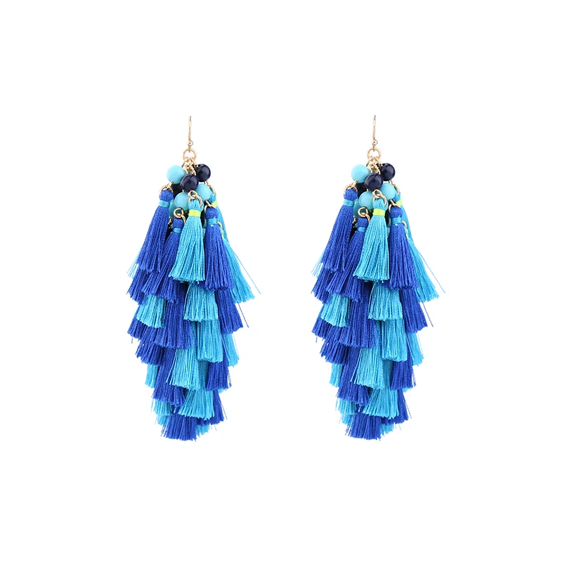 Boho Blue Beads Layered Fringe Tassel Earrings Brincos New Fashion Women Chunky Big Statement Ethnic Jewelry | Украшения и