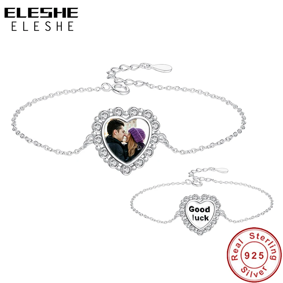 

ELESHE 925 Sterling Silver Shining Crystal Good Luck Heart Charm Bracelet for Women Custom Photo Jewelry Silver Chain Bracelets