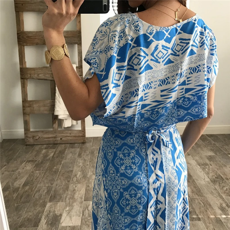Summer Sexy Bohemia Style Women T-shirts O-Neck Short Batwing Sleeve Tees Geometric Print Tee Vocation Casual Nightclub Top |