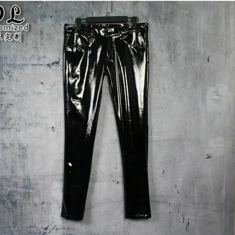 S-3xl Me's Leather Pants Personality Korean Slim Feet Trousers Gd Nightclub Stage Singer Skinny Bright Leather Pants Costumes