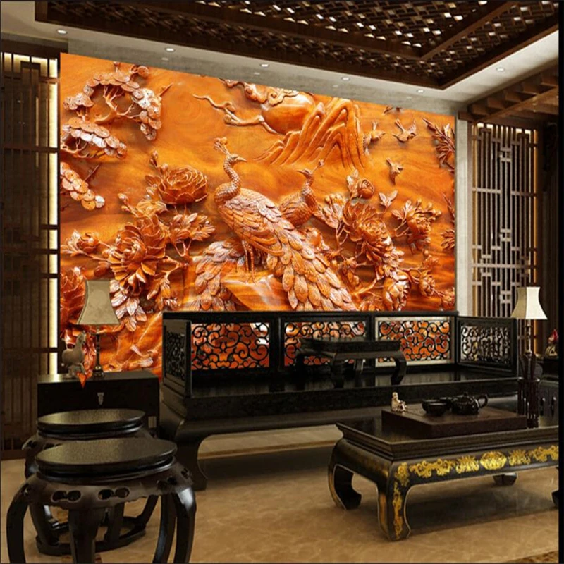 beibehang Custom 3d wallpaper atmosphere phoenix flower bird mood wood carving murals sofa TV living room background wall | Обустройство