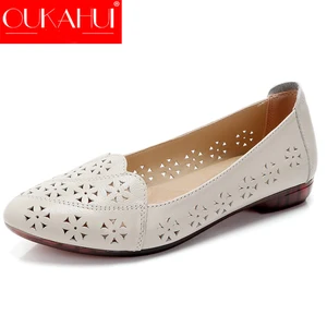 Женские туфли с острым носком OUKAHUI, летние дышащие слипоны из натуральной кожи на низком каблуке, 2019