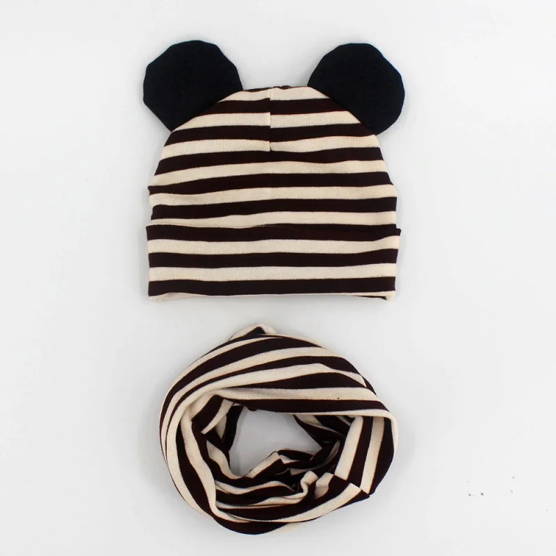 brown strip Baby Hat Cotton Ear Cap For Boys And Girls Winter Hat Scarf Set Children Boys Cap Scarf 2PCS - Цвет: brown strip