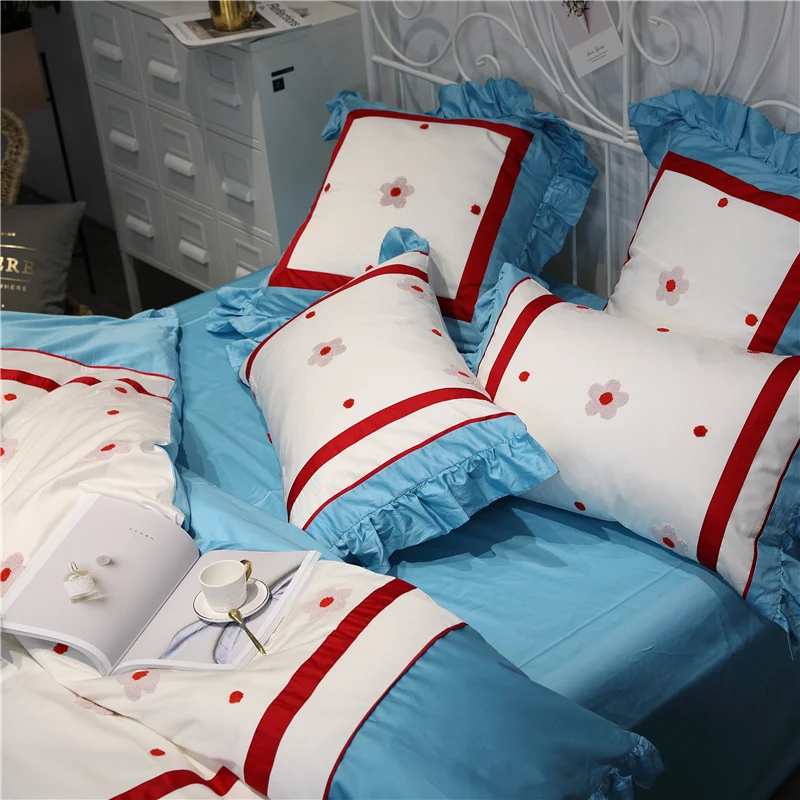 

Luxury Egypt Cotton Sweet princess Bedding Set Ruffles Embroidery Duvet cover Bed Sheet Pillowcases Queen King Size 4/6/7Pcs