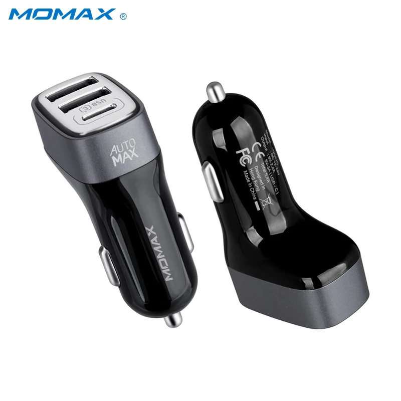 MOMAX Оригинал 1 Тип C (3A) + 2 USB (2.4A) выходы автомобильное Зарядное устройство твердый