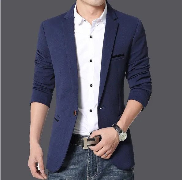 Мужские корейской Slim Fit Модный хлопковый Блейзер пиджак черного и синего цвета