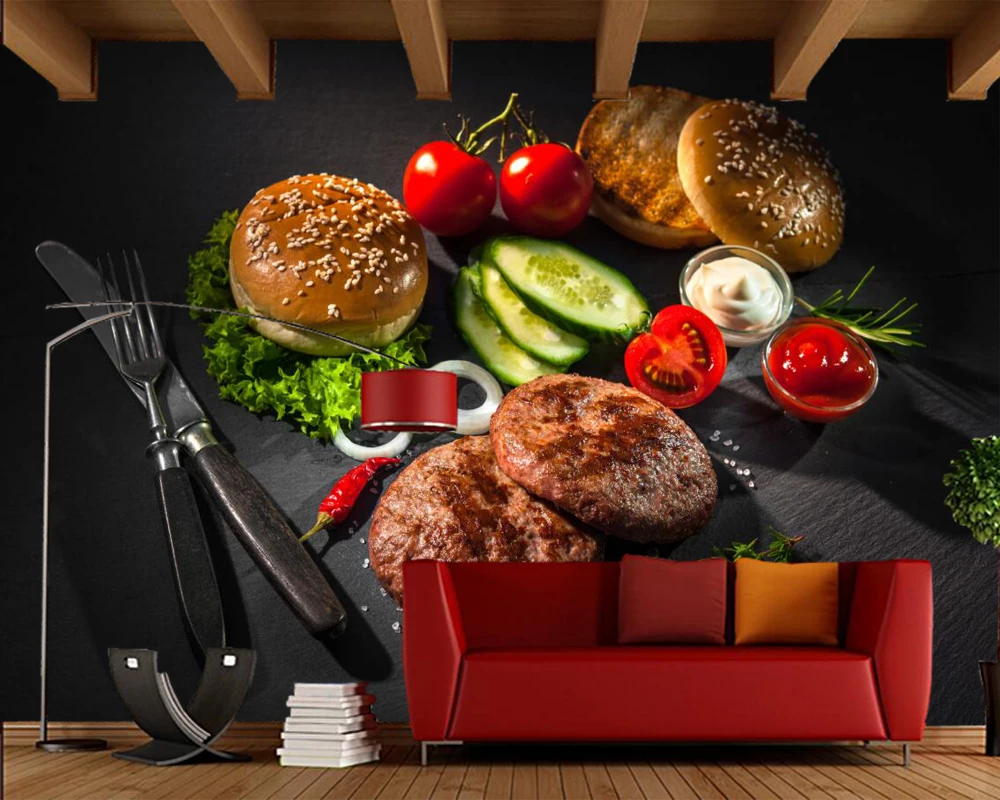 Обои 3d с ножом булочками мясом овощами едой магазином фаст фуда гостиной диваном