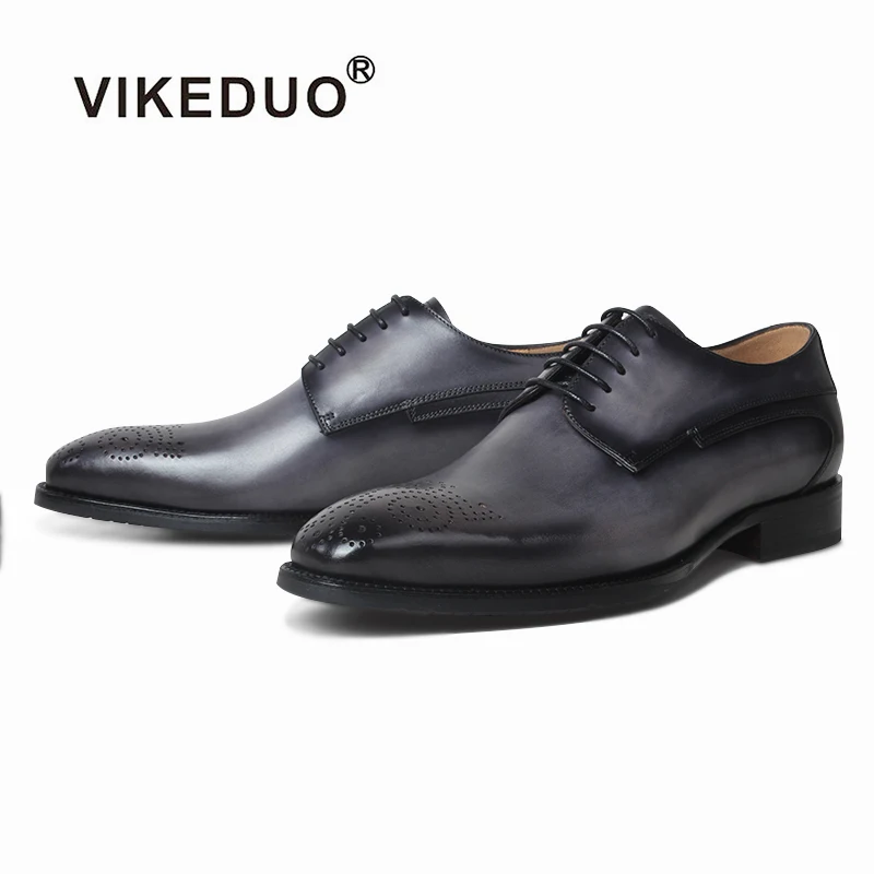 

VIKEDUO Brogues Leather Shoes Black Gray Patina Wedding Office Shoe Men's Derby Formal Dress Shoe Casual Mans Footwear Zapatos