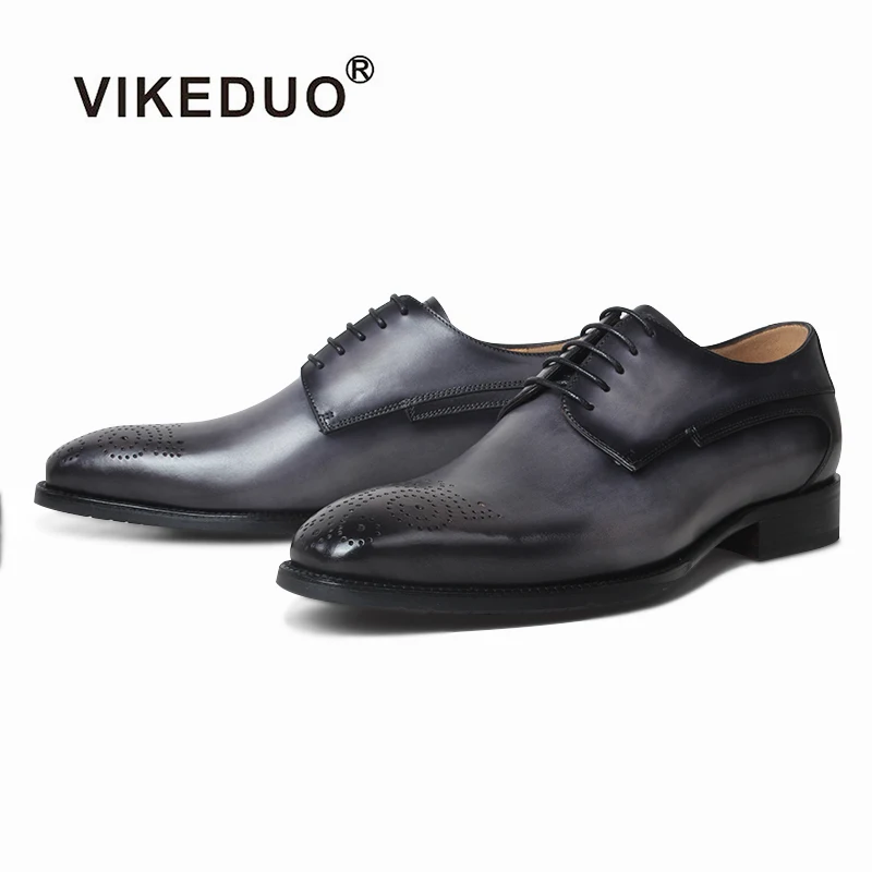 VIKEDUO броги кожаные туфли Черные Серые патина Свадебные офисные мужские Дерби