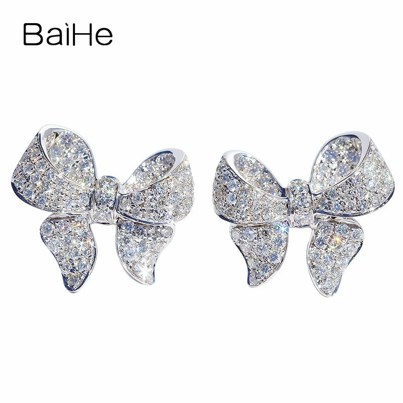 

BAIHE Real Solid 14K White Gold H/SI Natural Diamond Bowknot Stud Earrings Women Trendy Fine Jewelry kolczyki серьги сережки