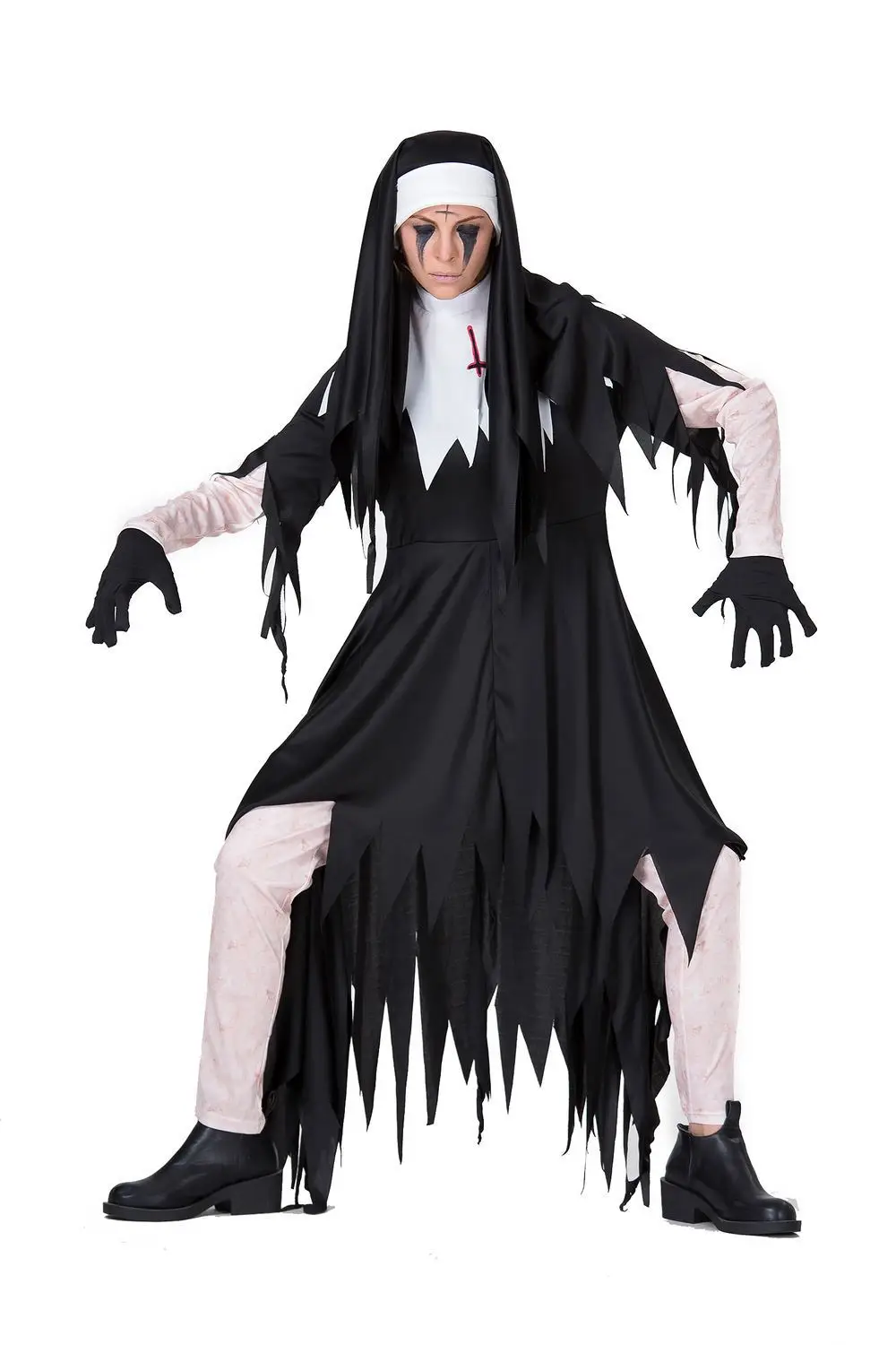 

Halloween Horror Bloody Adult Nuns Priest clothes Missionary Costumes Irregular Black Long Dress Zombie